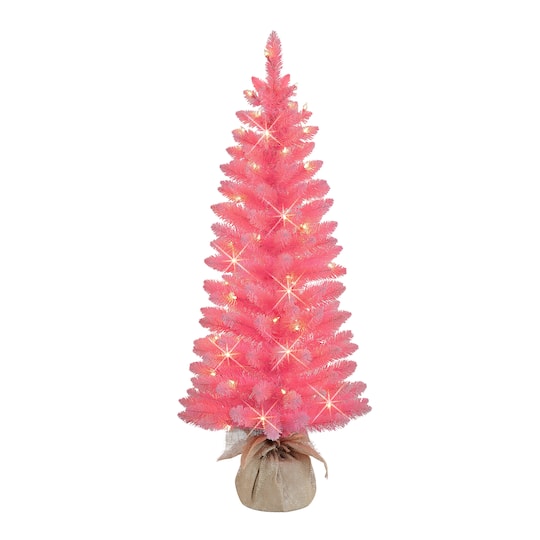 4ft. Pre-Lit Pink Artificial Tree in Burlap Sac, Clear Lights
